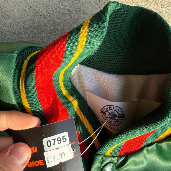 90S GREEN SATIN VARSITY BREW JACKET L - Picture 2 of 5